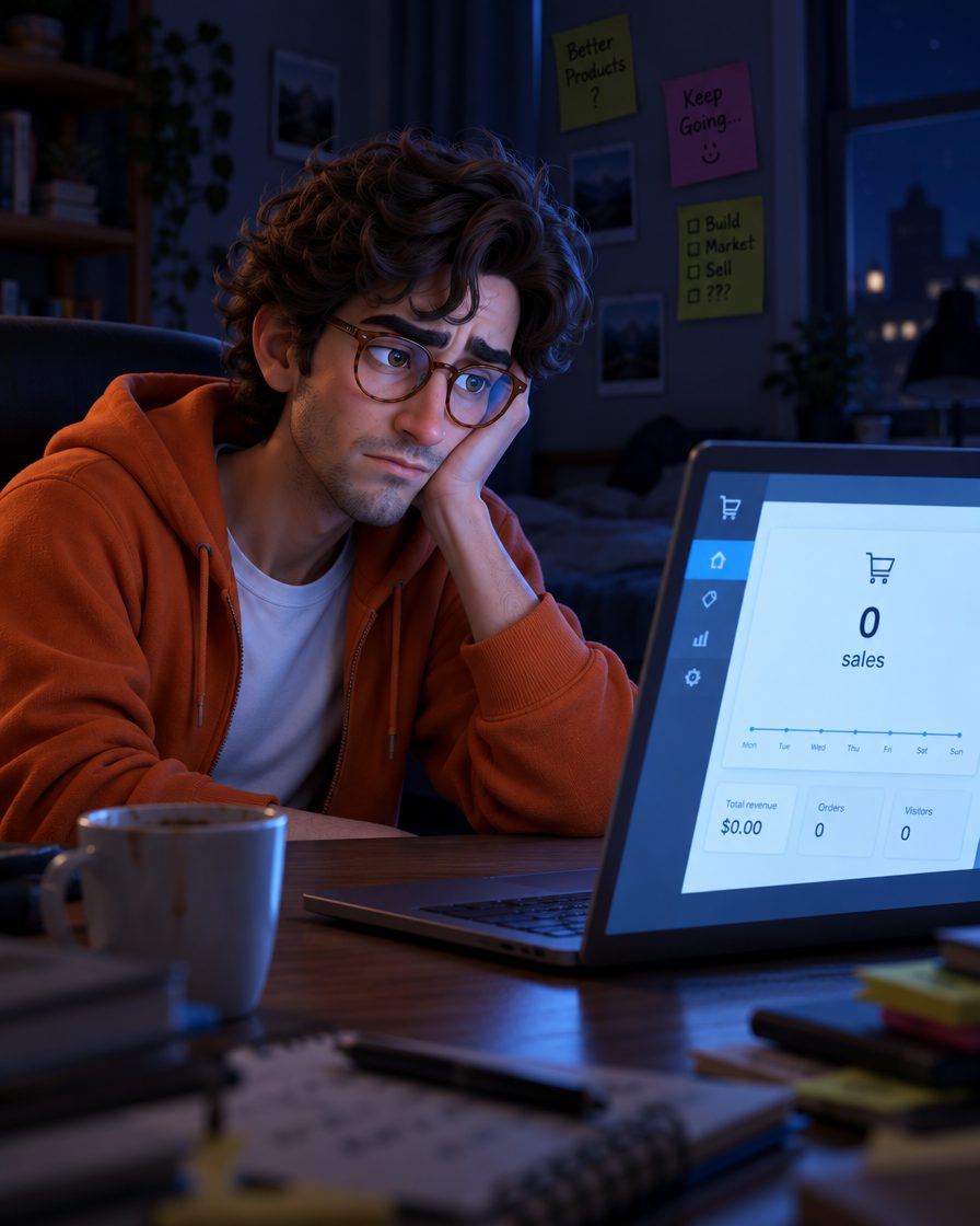 Late at night, staring at a shop dashboard showing zero sales