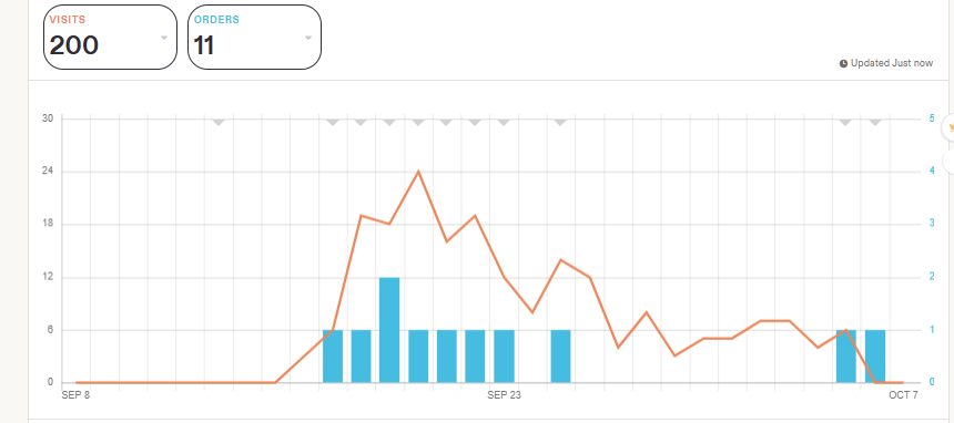 Etsy listing stats: 200 visits and 11 orders
